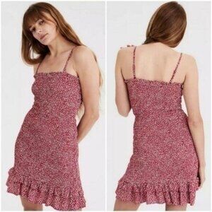 AEO | Smocked Tube Short Dress Red & White Ditsy Floral Mini Ruffle Hem Sz S